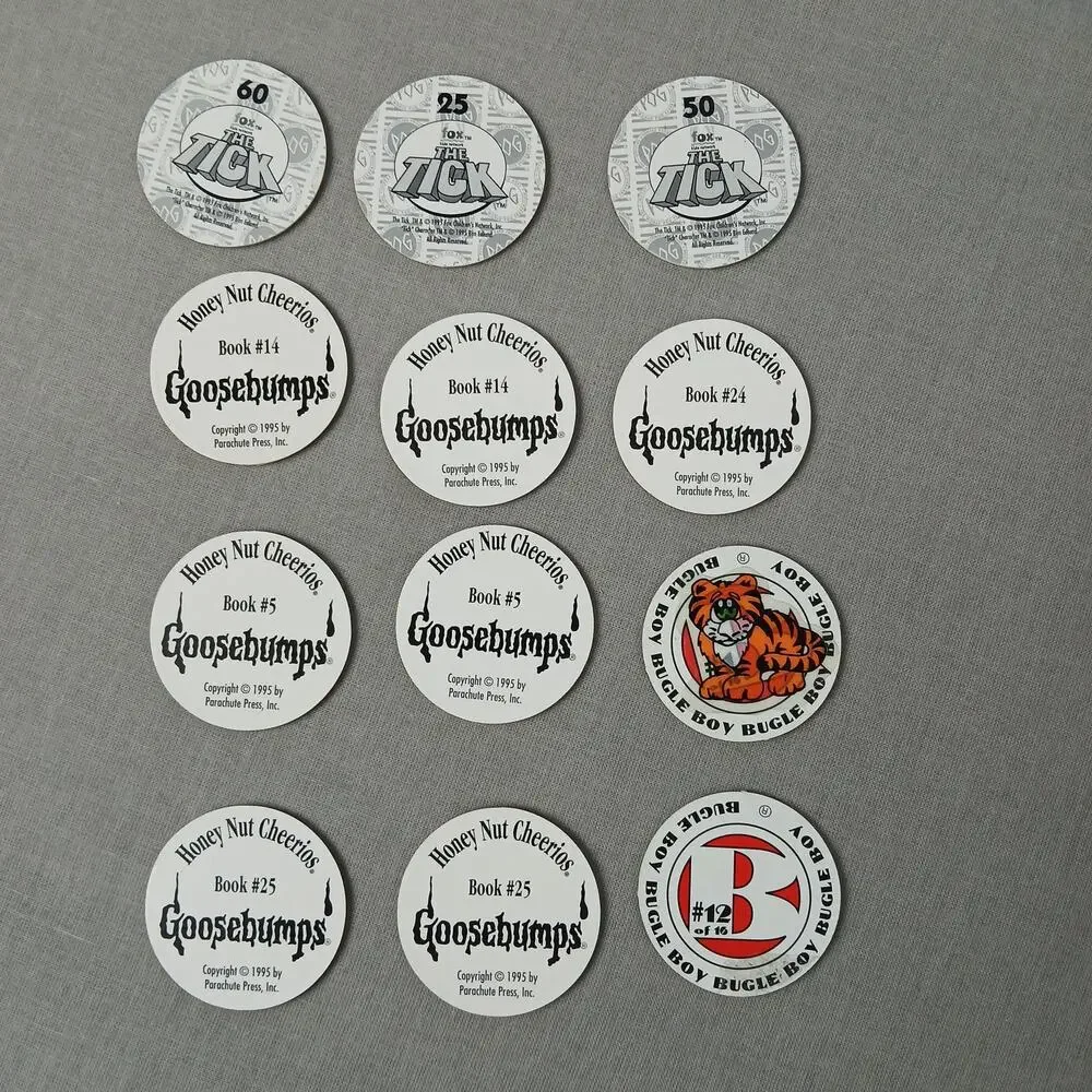 Set of 12 collectible POGS + TKD slammer VTG 90s Goosebumps The Tick Bugle Boy